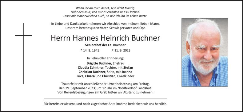 Traueranzeige Hannes Heinrich Buchner
