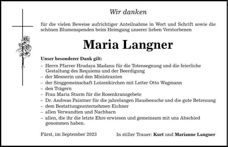 Traueranzeige Maria Langner