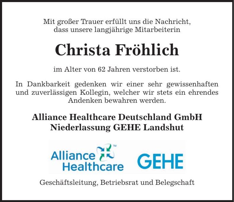 Traueranzeige Christa Fröhlich