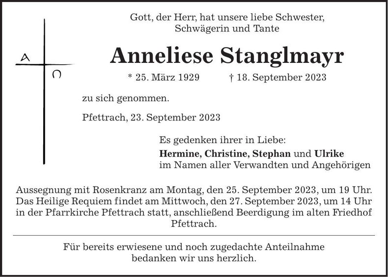 Traueranzeige Anneliese Stanglmayr