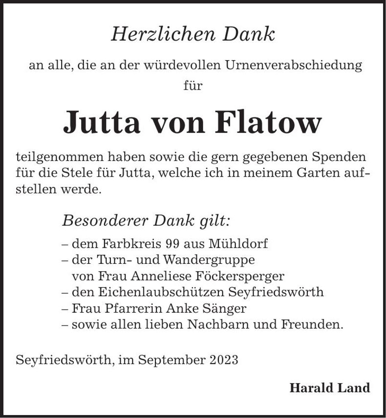Traueranzeige Jutta von Flatow