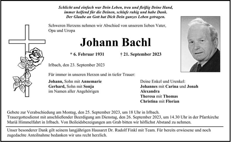 Traueranzeige Johann Bachl