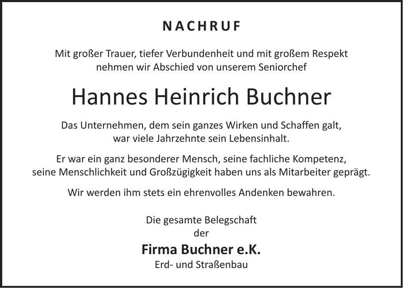 Traueranzeige Hannes Heinrich Buchner