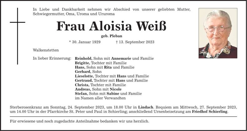 Traueranzeige Aloisia Weiß