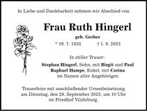 Traueranzeige Ruth Hingerl