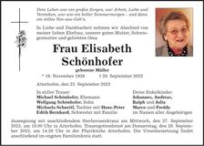 Traueranzeige Elisabeth Schönhofer