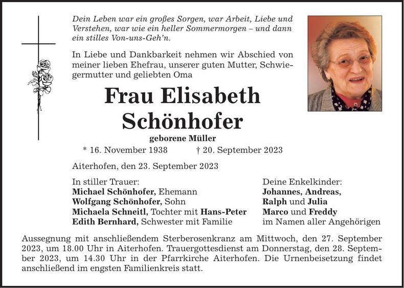 Traueranzeige Elisabeth Schönhofer
