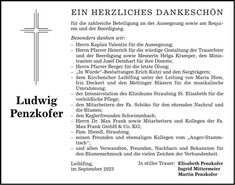 Traueranzeige Ludwig Penzkofer