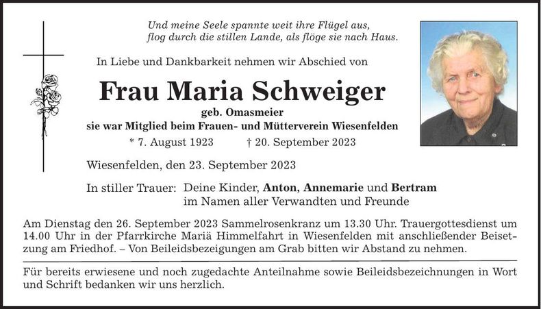 Traueranzeige Maria Schweiger