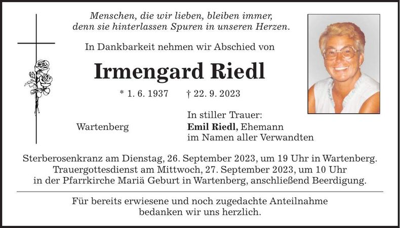 Traueranzeige Irmengard Riedl