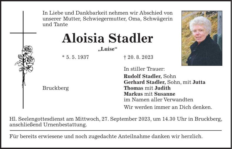 Traueranzeige Aloisia Stadler