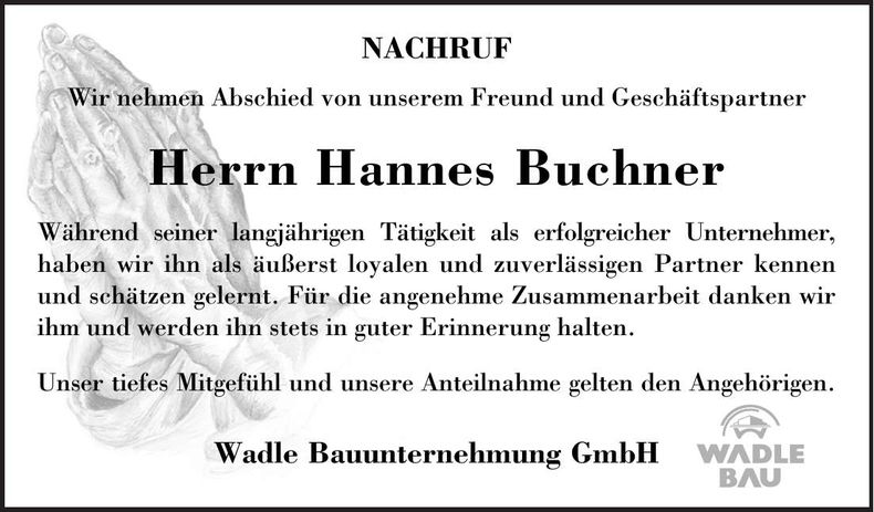 Traueranzeige Hannes Buchner