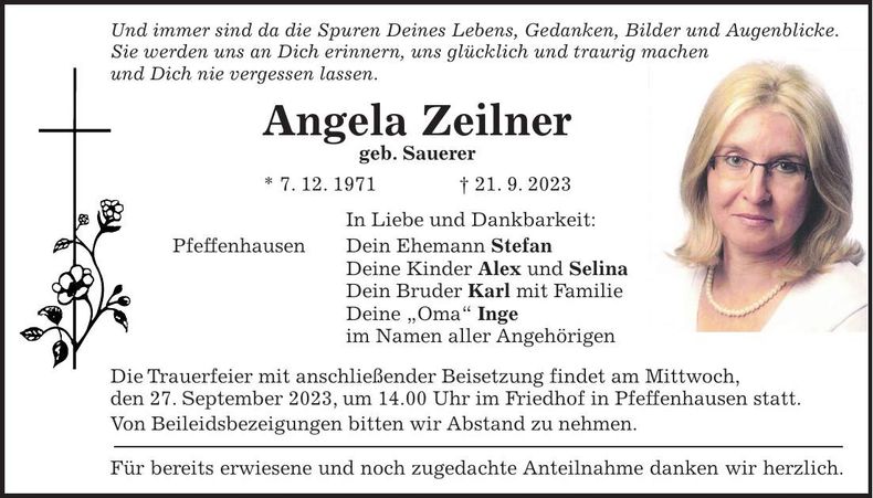 Traueranzeige Angela Zeilner