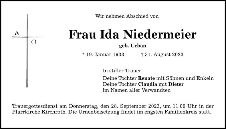 Traueranzeige Ida Niedermeier