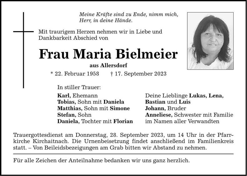 Traueranzeige Maria Bielmeier