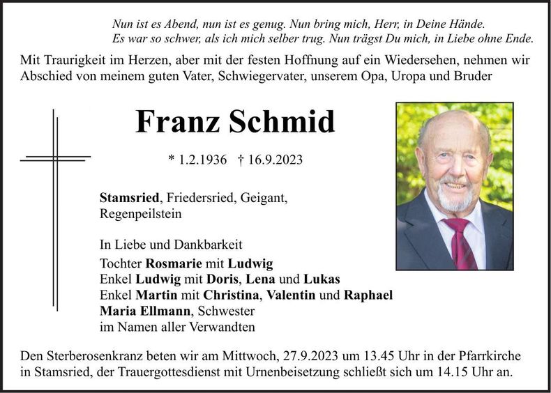 Traueranzeige Franz Schmid