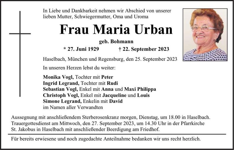Traueranzeige Maria Urban