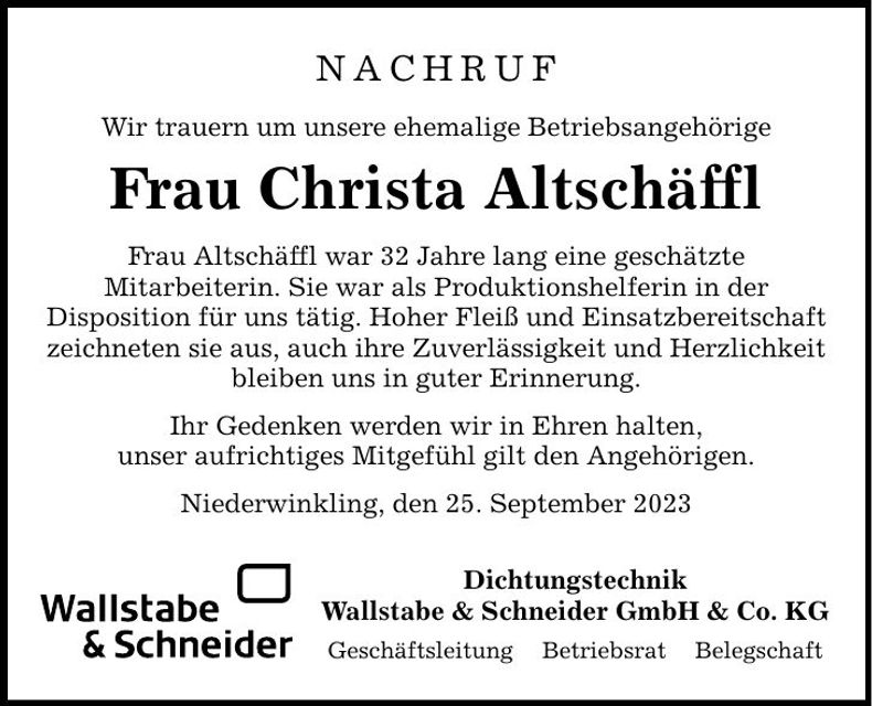 Traueranzeige Christa Altschäffl