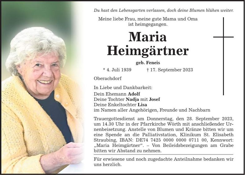 Traueranzeige Maria Heimgärtner