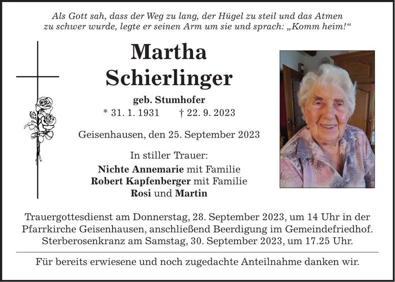 Traueranzeige Martha Schierlinger