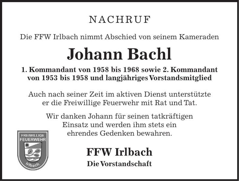 Traueranzeige Johann Bachl