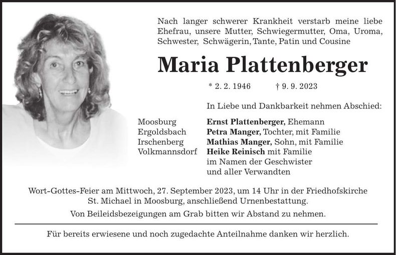 Traueranzeige Maria Plattenberger