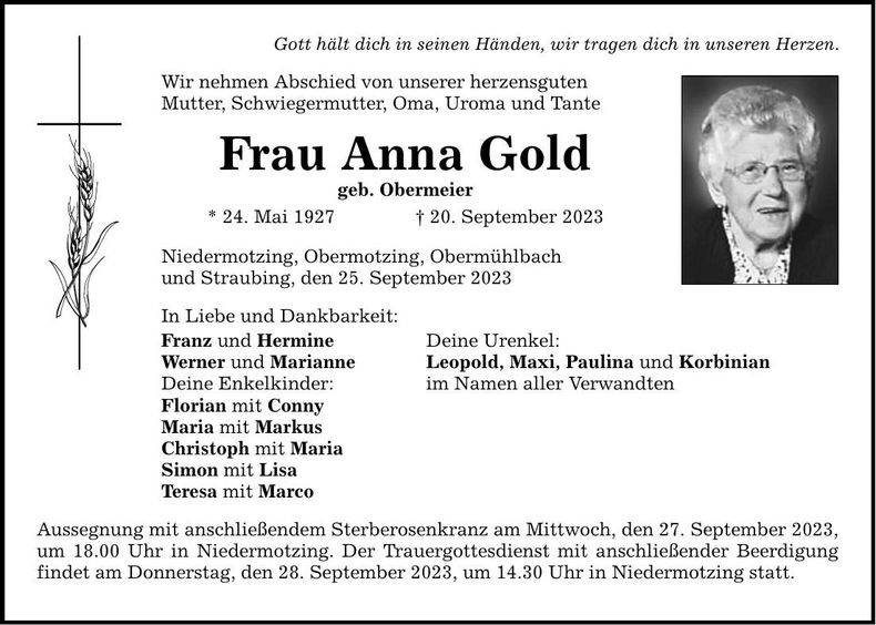 Traueranzeige Anna Gold