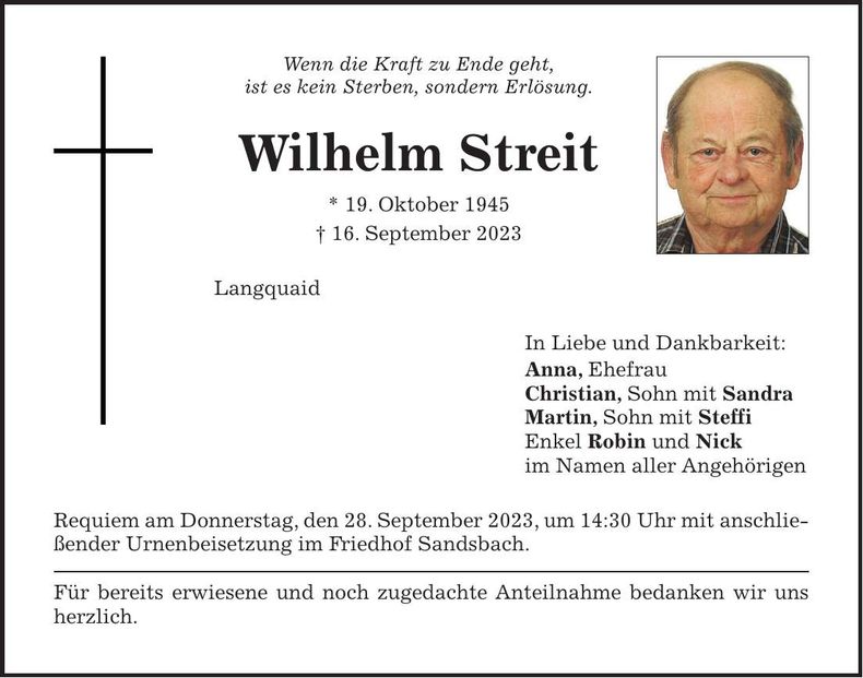 Traueranzeige Wilhelm Streit