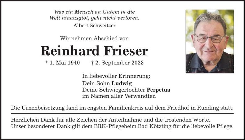 Traueranzeige Reinhard Frieser