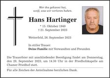 Traueranzeige Hans Hartinger