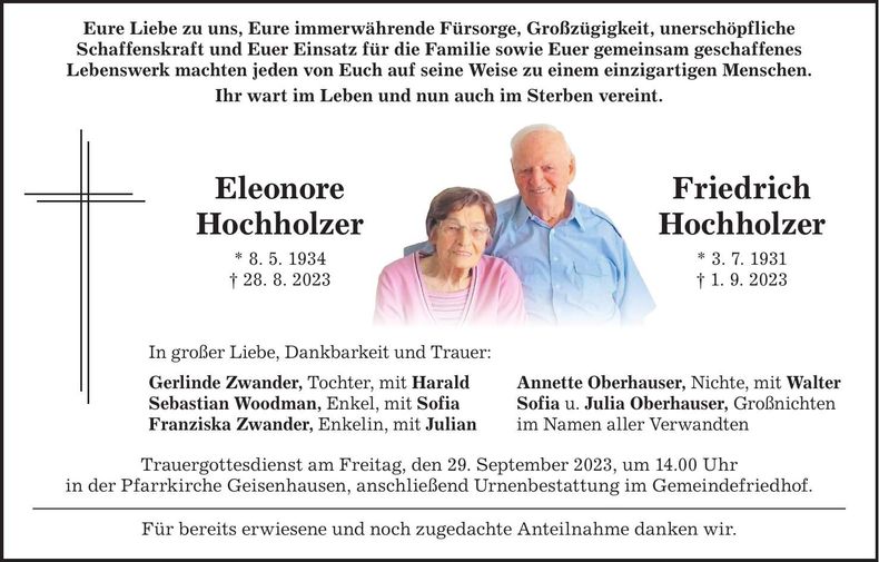 Traueranzeige Eleonore und Friedrich Hochholzer