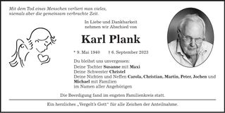 Traueranzeige Karl Plank