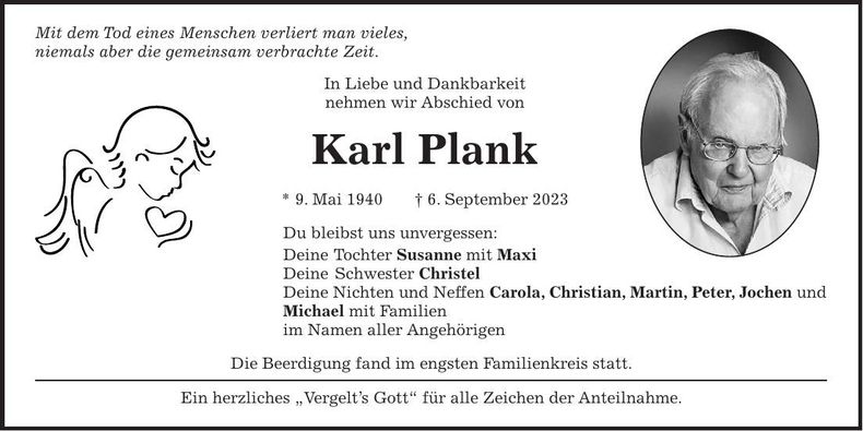 Traueranzeige Karl Plank
