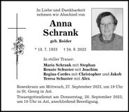 Traueranzeige Anna Schrank