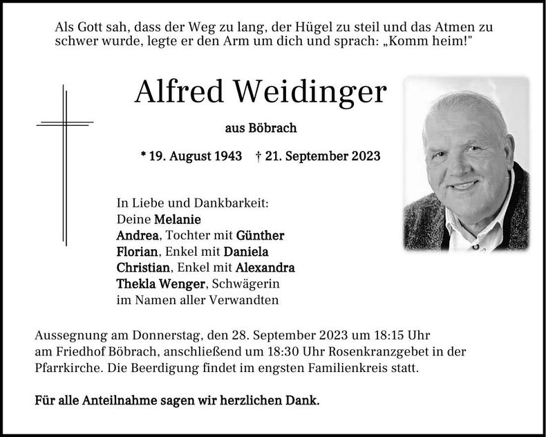 Traueranzeige Weidinger Alfred
