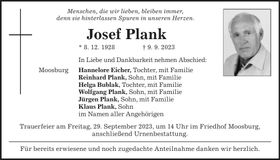 Traueranzeige Josef Plank