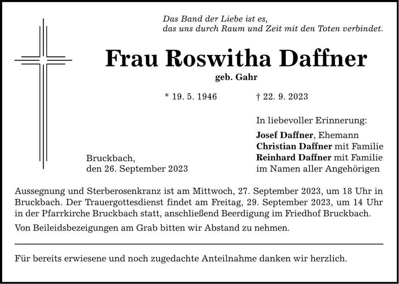 Traueranzeige Roswitha Daffner