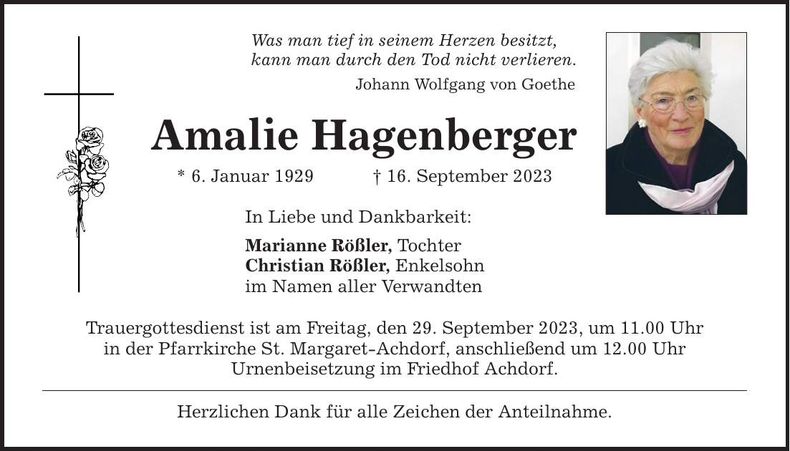 Traueranzeige Amalie Hagenberger