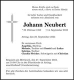 Traueranzeige Johann Neubert