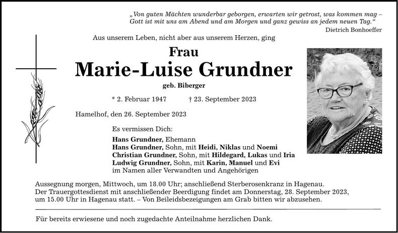 Traueranzeige Marie-Luise Grundner