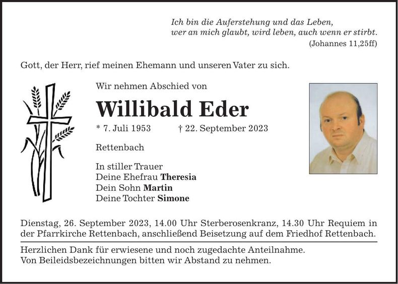 Traueranzeige Willibald Eder