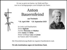 Traueranzeige Bauernfeind Anton