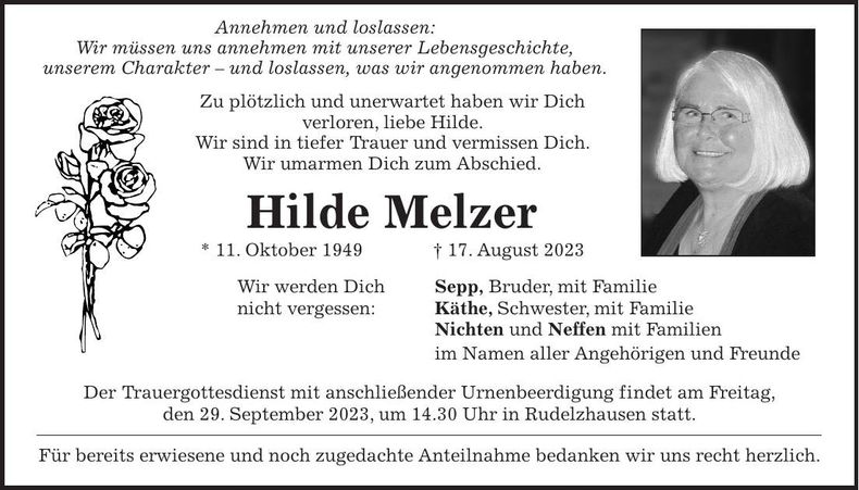 Traueranzeige Hilde Melzer