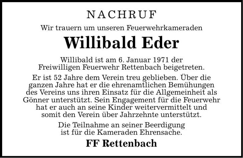 Traueranzeige Willibald Eder