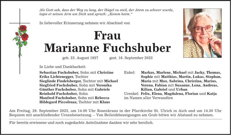 Traueranzeige Marianne Fuchshuber