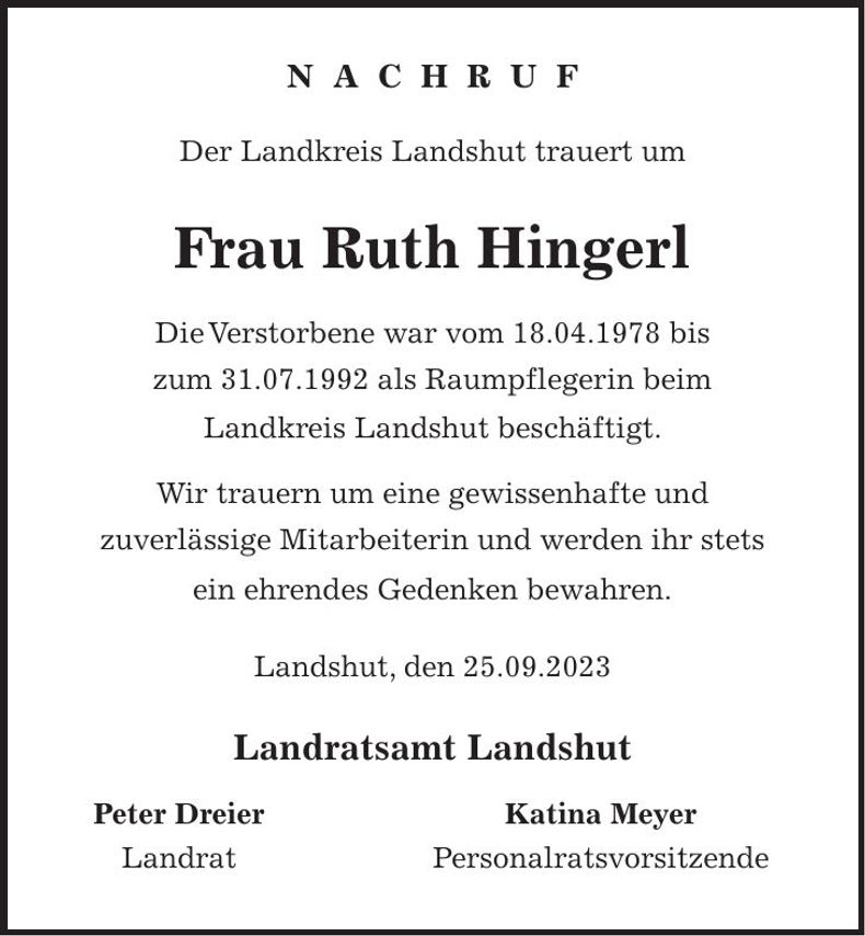 Traueranzeige Ruth Hingerl