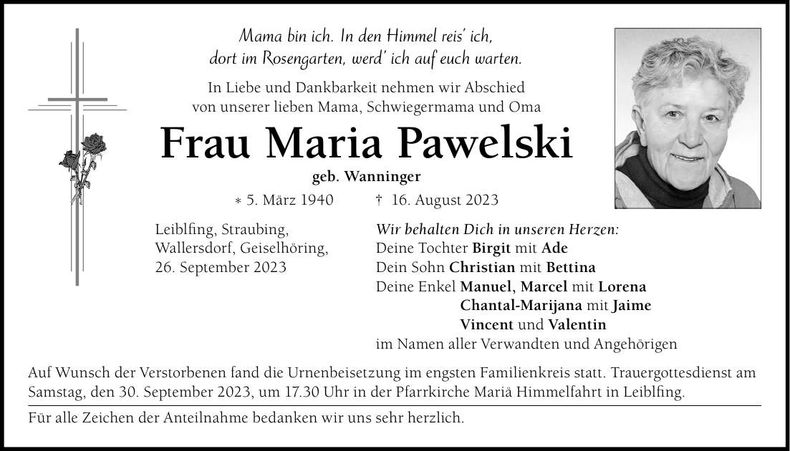 Traueranzeige Maria Pawelski