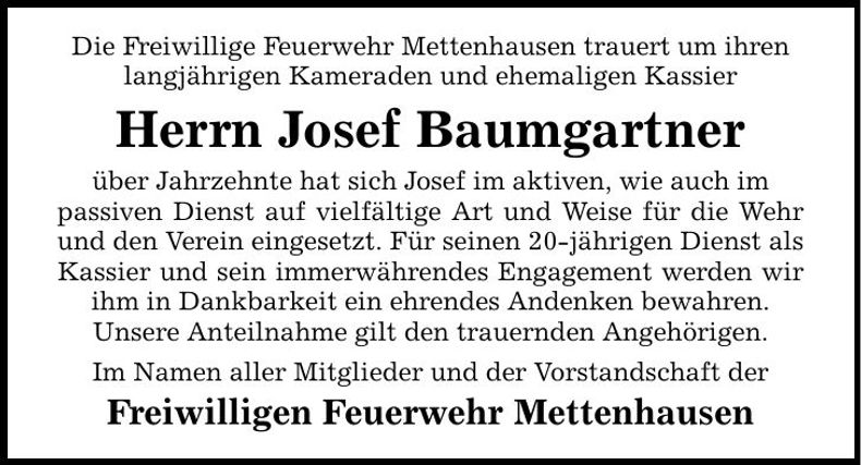 Traueranzeige Josef Baumgartner