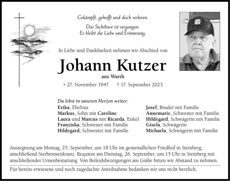 Traueranzeige Johann Kutzer