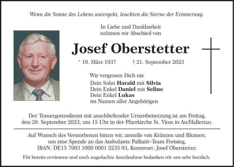Traueranzeige Josef Oberstetter